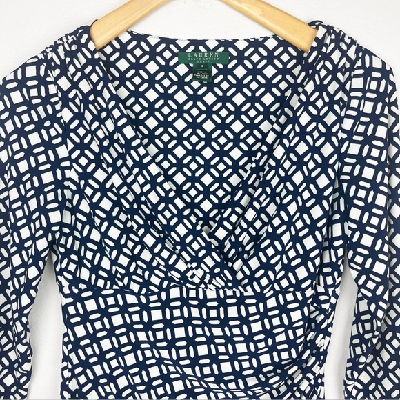 Lauren Ralph Lauren V-Neck Faux Wrap Dress Navy White Size 6 - Picture 6 of 15